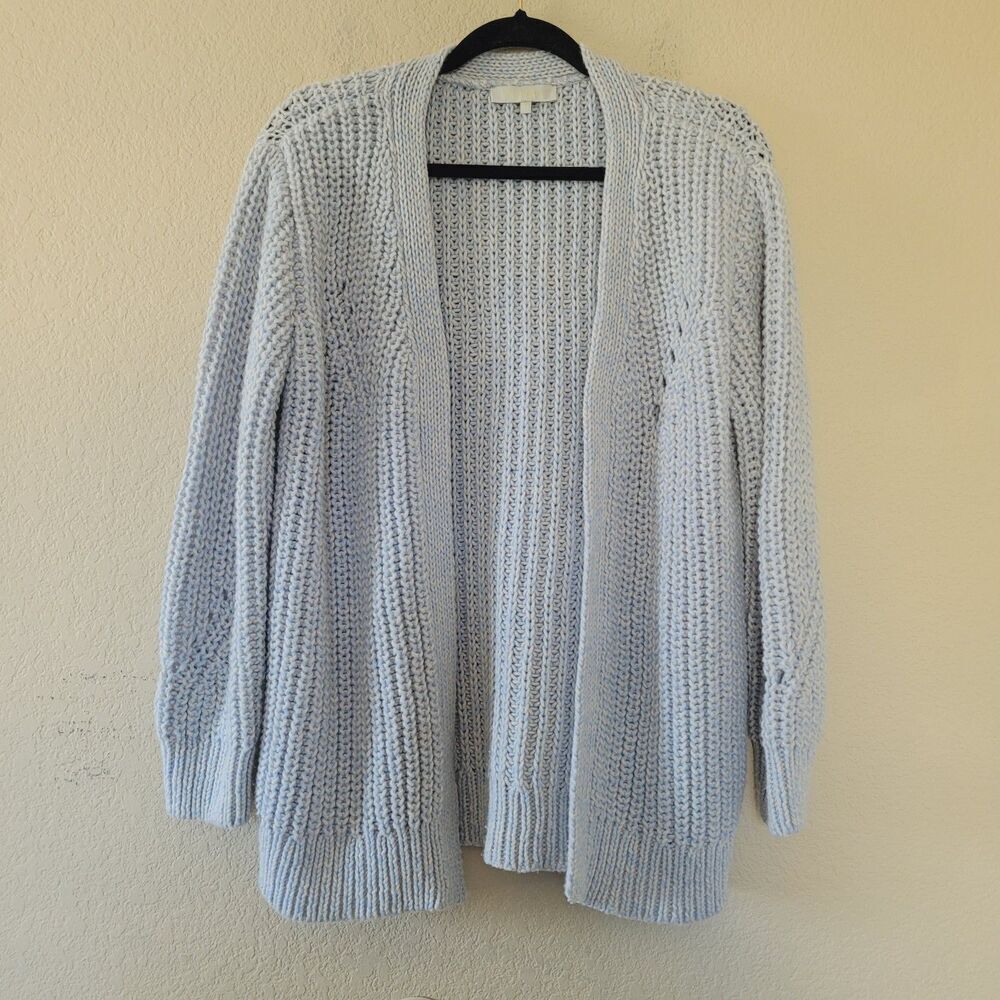 Womens 100% Wool Cardigan Sweater Size Medium Blue Open Chunky Knit Long Sleeve